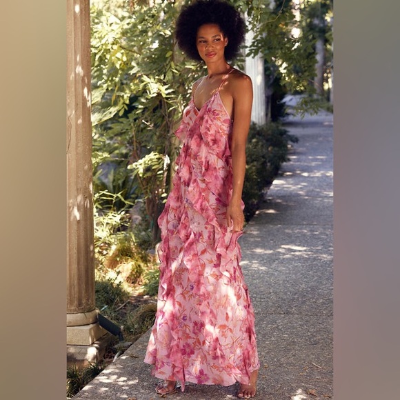 NWT MISA Damita Maxi Dress in Fire Florals Mix Pink Ruffle - Picture 4 of 10